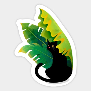 Black Cat Under a Banana Leaf Sticker